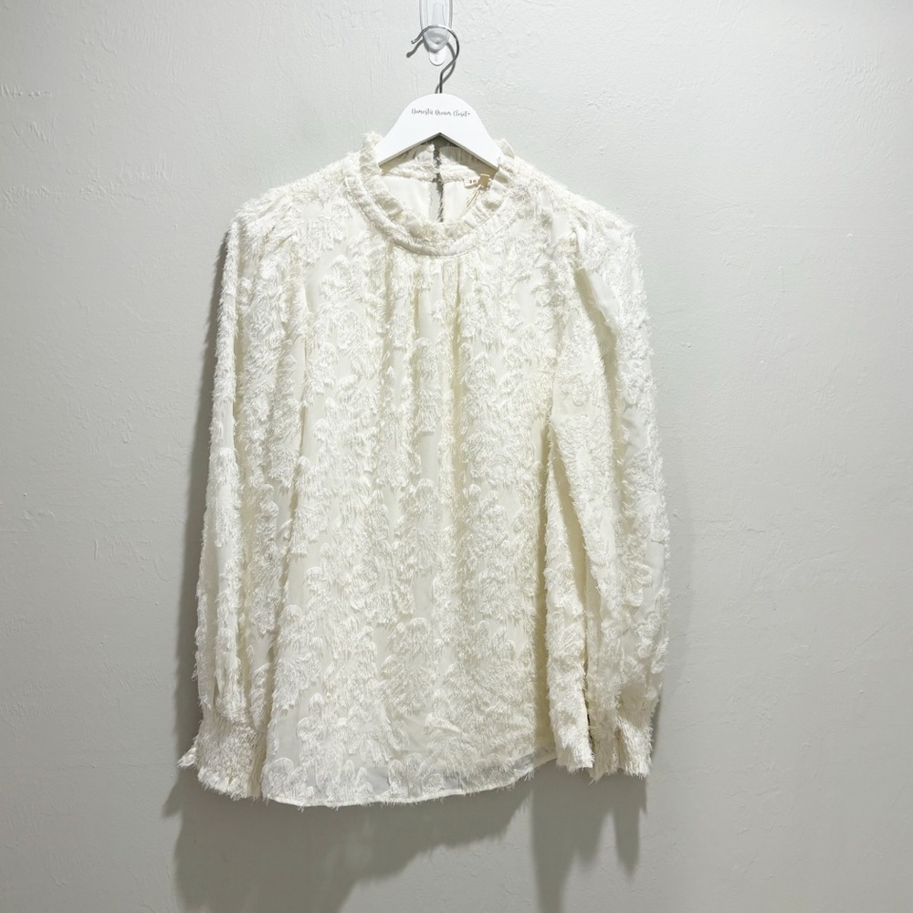 JODIFL Women’s Ivory KNOW THE TRUTH Textured Blouse Long Puff Sleeve Size S
